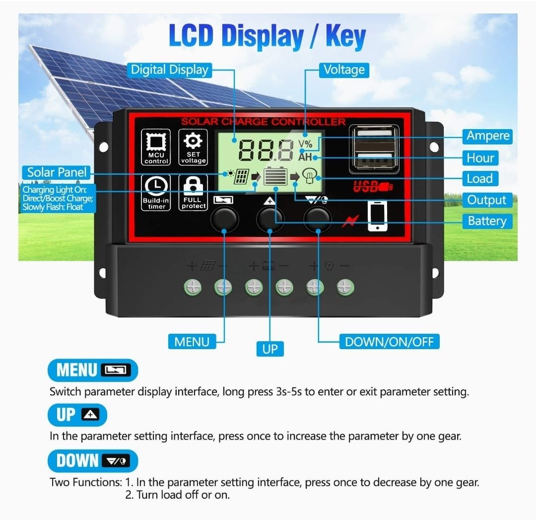 30A Solar Charge Controller, 12V/ 24V - Imagen 2