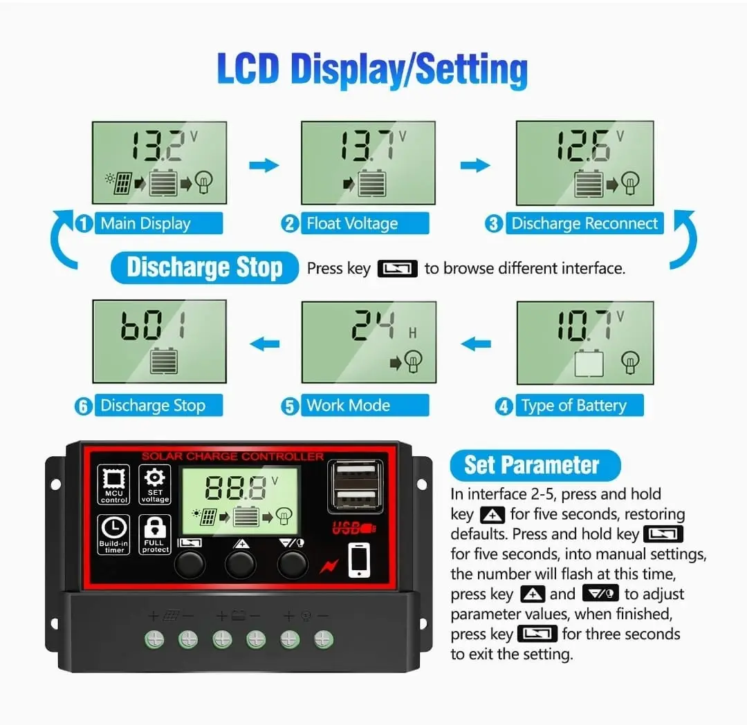 30A Solar Charge Controller, 12V/ 24V - Imagen 3